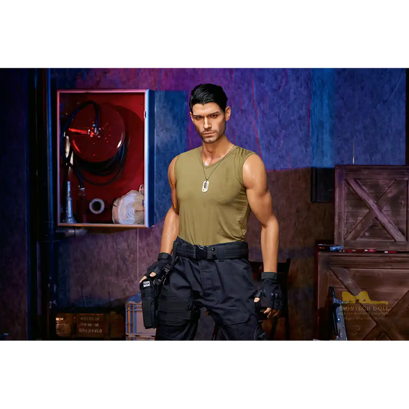 5ft 9in 176cm muscular White male sex doll with a large penis in a military outfit.