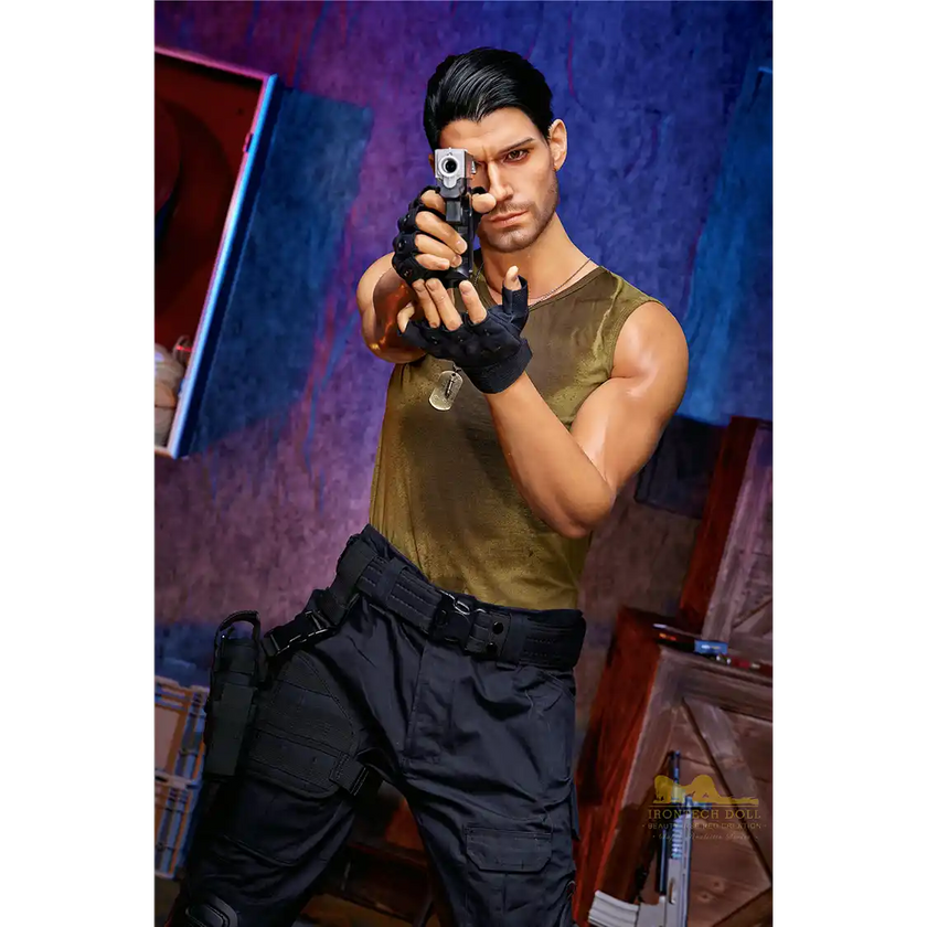 5ft 9in 176cm muscular White male sex doll with a large penis in a military outfit.