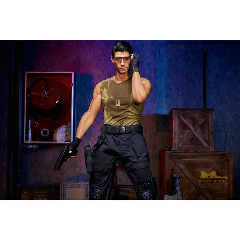 5ft 9in 176cm muscular White male sex doll with a large penis in a military outfit.