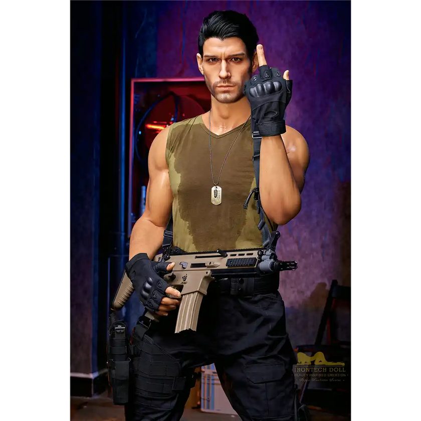 5ft 9in 176cm muscular White male sex doll with a large penis in a military outfit.