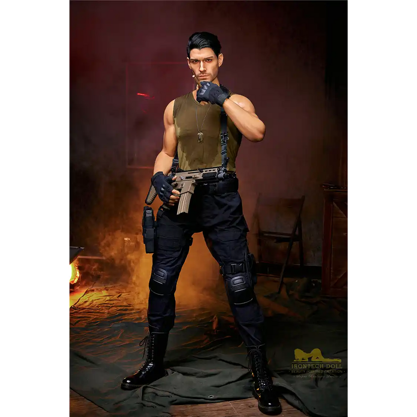 5ft 9in 176cm muscular White male sex doll with a large penis in a military outfit.