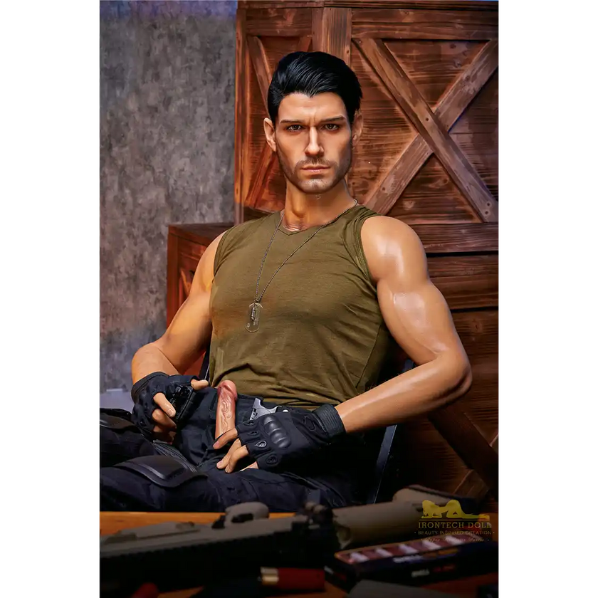 5ft 9in 176cm muscular White male sex doll with a large penis in a military outfit.