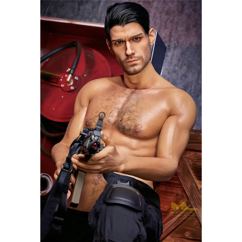 5ft 9in 176cm muscular White male sex doll with a large penis in a military outfit.