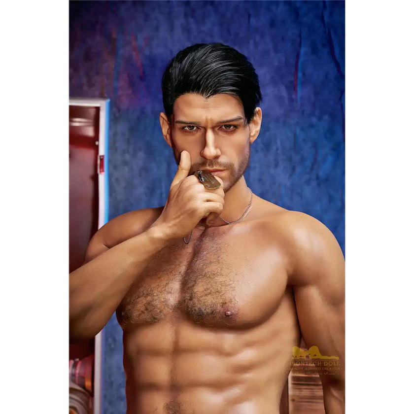 5ft 9in 176cm muscular White male sex doll with a large penis in a military outfit.