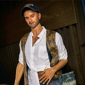 5ft 9in 176cm older looking, rugged and muscular White male sex doll with a large penis in a white shirt and jeans with claws.