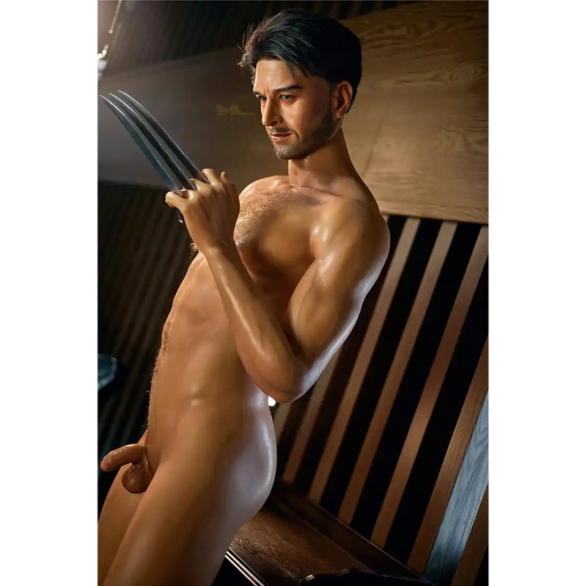 5ft 9in 176cm older looking, rugged and muscular White male sex doll with a large penis in a white shirt and jeans with claws.
