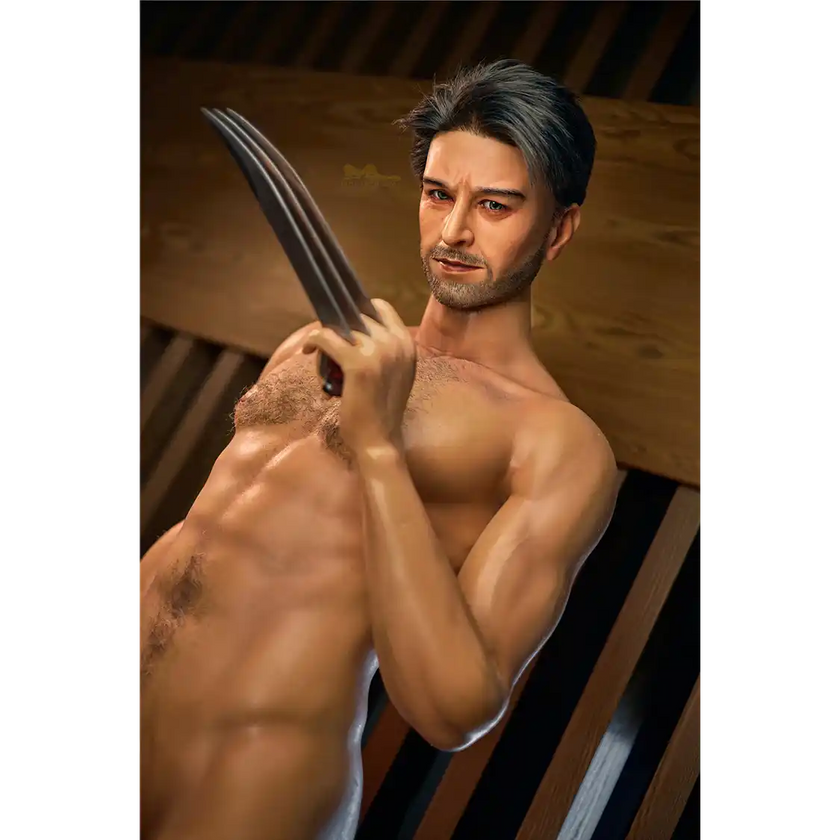 5ft 9in 176cm older looking, rugged and muscular White male sex doll with a large penis in a white shirt and jeans with claws.