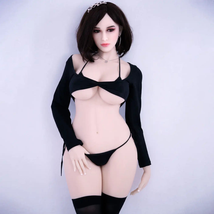 5ft 3in 161cm white female TPE sex doll with shoulder length dark hair, brown eyes, G cup breasts and a curvy figure.