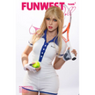 5ft 1in 157cm life size curvy female silicone sex doll with blonde hair and C-cup breasts in a tennis outfit.