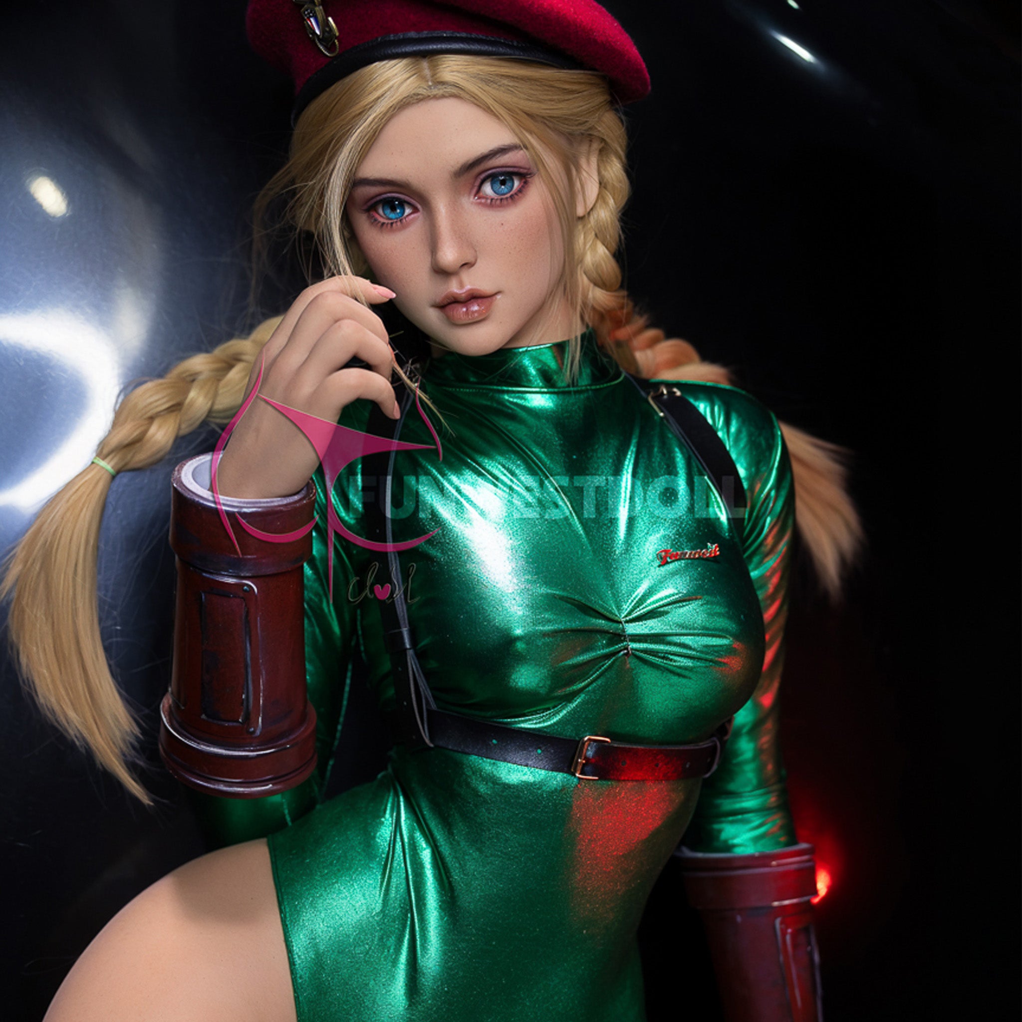 5ft 1in 157cm curvy female silicone sex doll with blonde hair and C-cup breasts in a Cammy costume.