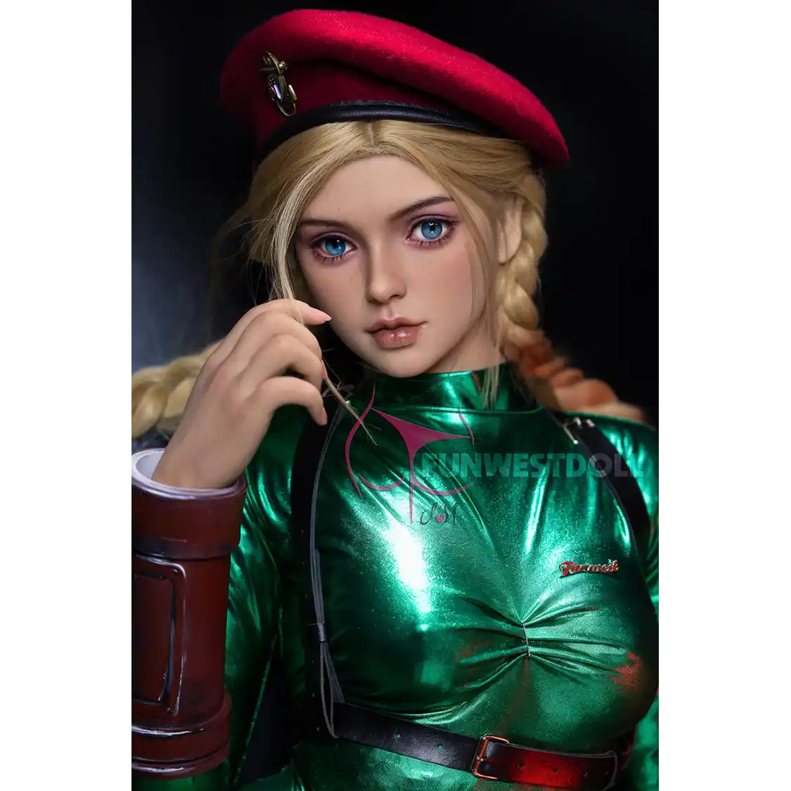 5ft 1in 157cm curvy female silicone sex doll with blonde hair and C-cup breasts in a Cammy costume.