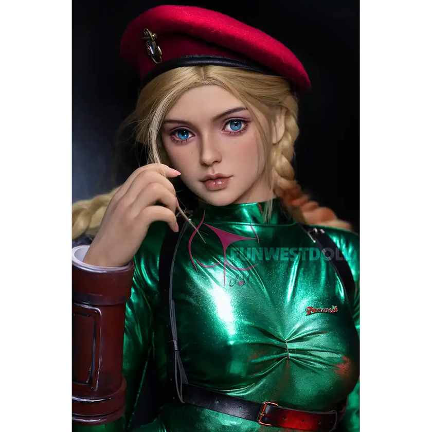 5ft 1in 157cm curvy female silicone sex doll with blonde hair and C-cup breasts in a Cammy costume.