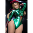 5ft 1in 157cm curvy female silicone sex doll with blonde hair and C-cup breasts in a Cammy costume.