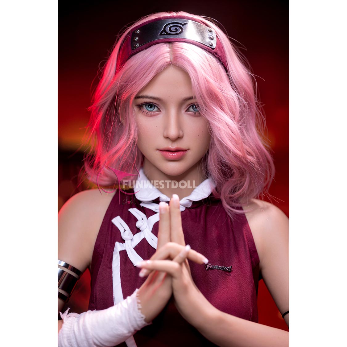 5ft 3in 159cm full size white female TPE sex doll with pink hair, A-cup breasts and a slim athletic figure in a cute ninja costume.