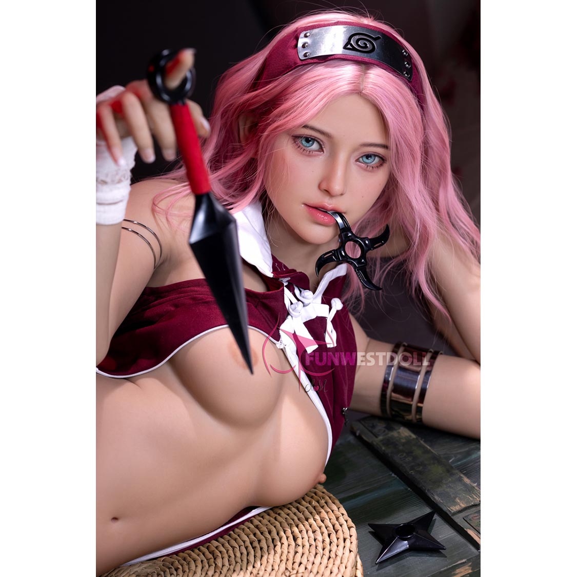 5ft 3in 159cm full size white female TPE sex doll with pink hair, A-cup breasts and a slim athletic figure in a cute ninja costume.