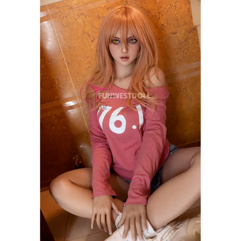 5ft 2in 159cm Caucasian female TPE sex doll with blonde hair, small A-cup breasts and a slim athletic figure by FunWest in pink shirt and denim shorts.