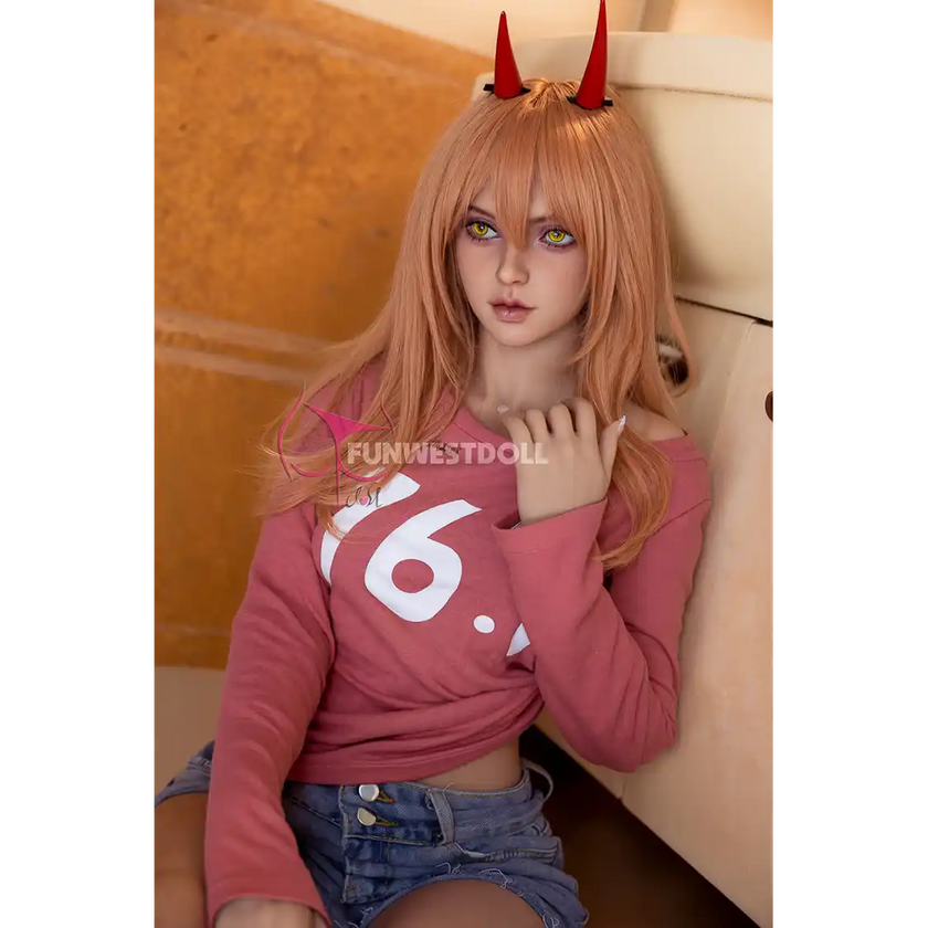 5ft 2in 159cm Caucasian female TPE sex doll with blonde hair, small A-cup breasts and a slim athletic figure by FunWest in pink shirt and denim shorts.