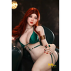 5ft 3in or 159cm curvy full size realistic hybrid sex doll with long legs, long red hair, very large G-cup breasts, big butt and brown eyes in green lingerie.