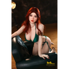 5ft 3in or 159cm curvy full size realistic hybrid sex doll with long legs, long red hair, very large G-cup breasts, big butt and brown eyes in green lingerie.