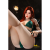 5ft 3in or 159cm curvy full size realistic hybrid sex doll with long legs, long red hair, very large G-cup breasts, big butt and brown eyes in green lingerie.