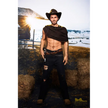 5ft 6in or 170cm silicone male sex doll with muscular arms, chest and abs with short brown hair and blue eyes in a cowboy outfit.