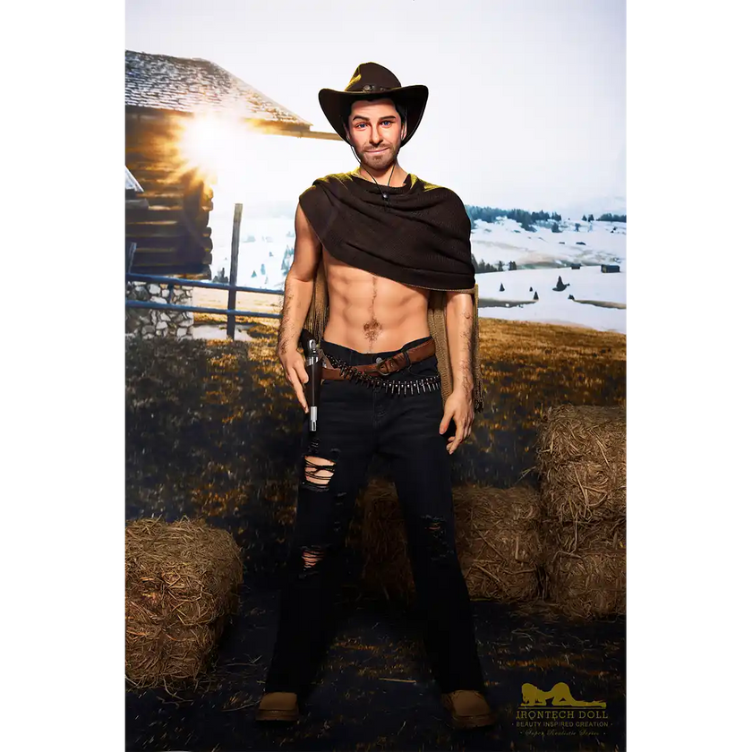 5ft 6in or 170cm silicone male sex doll with muscular arms, chest and abs with short brown hair and blue eyes in a cowboy outfit.