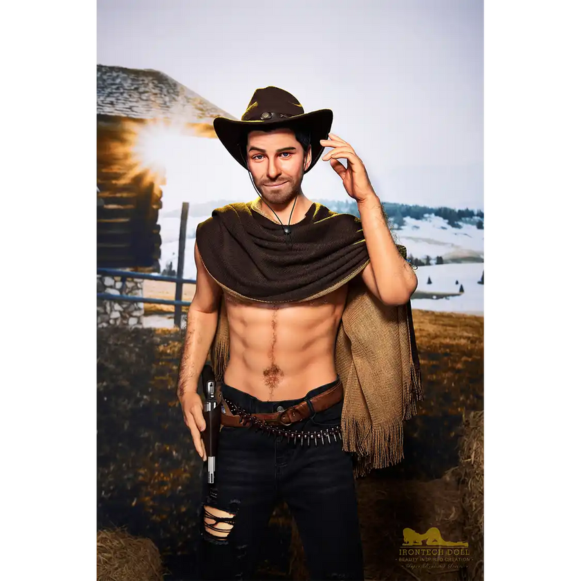 5ft 6in or 170cm silicone male sex doll with muscular arms, chest and abs with short brown hair and blue eyes in a cowboy outfit.