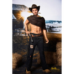 5ft 6in or 170cm silicone male sex doll with muscular arms, chest and abs with short brown hair and blue eyes in a cowboy outfit.