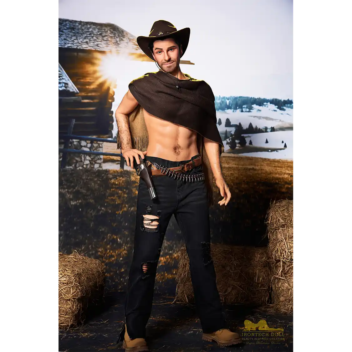 5ft 6in or 170cm silicone male sex doll with muscular arms, chest and abs with short brown hair and blue eyes in a cowboy outfit.