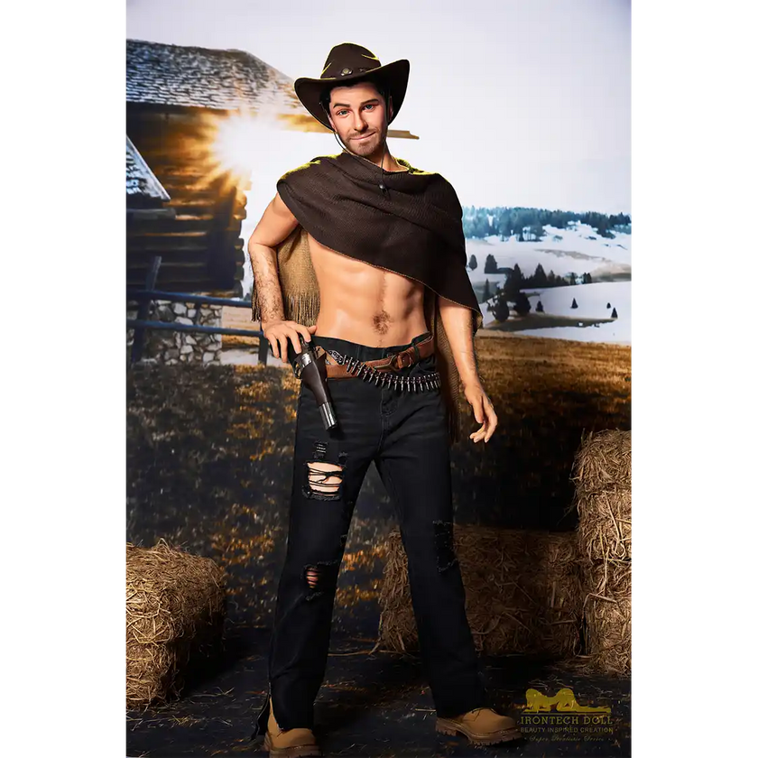 5ft 6in or 170cm silicone male sex doll with muscular arms, chest and abs with short brown hair and blue eyes in a cowboy outfit.