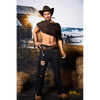 5ft 6in or 170cm silicone male sex doll with muscular arms, chest and abs with short brown hair and blue eyes in a cowboy outfit.