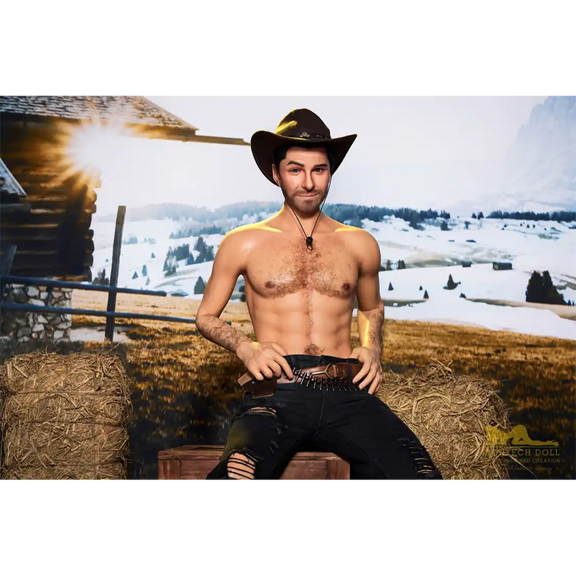 5ft 6in or 170cm silicone male sex doll with muscular arms, chest and abs with short brown hair and blue eyes in a cowboy outfit.