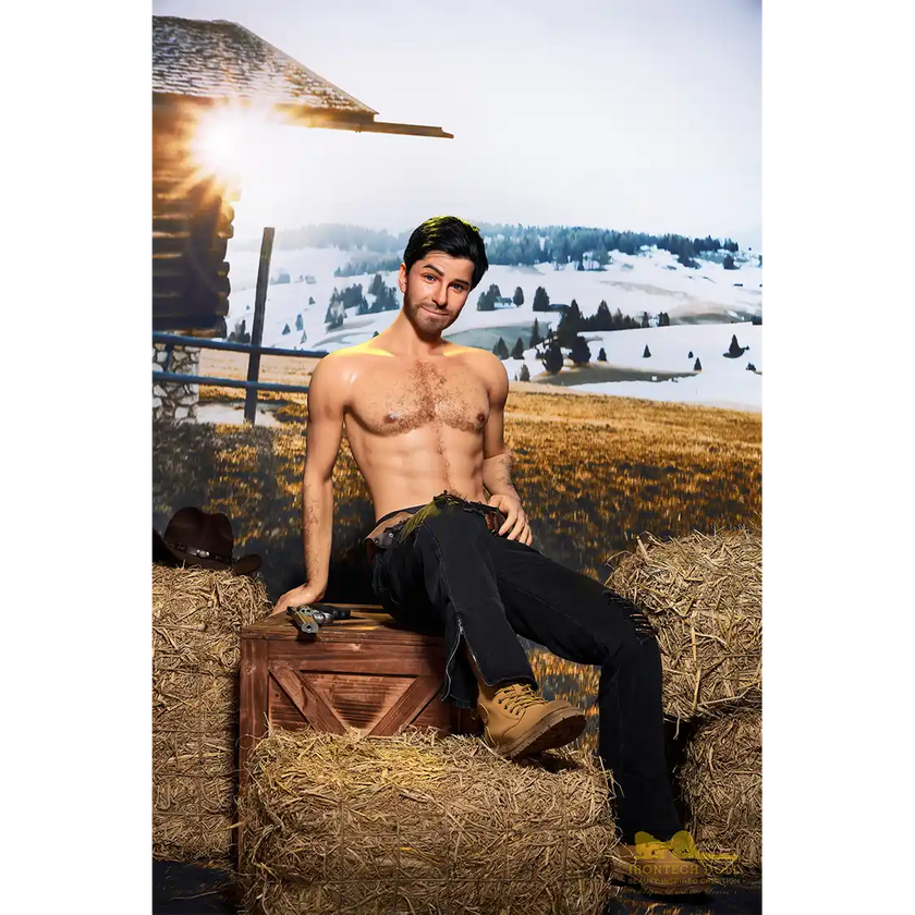 5ft 6in or 170cm silicone male sex doll with muscular arms, chest and abs with short brown hair and blue eyes in a cowboy outfit.