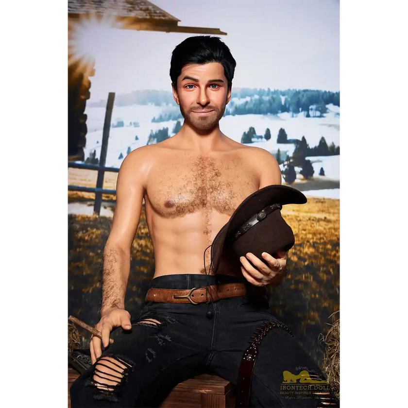 5ft 6in or 170cm silicone male sex doll with muscular arms, chest and abs with short brown hair and blue eyes in a cowboy outfit.