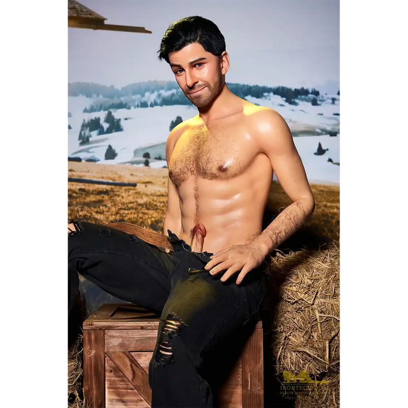 5ft 6in or 170cm silicone male sex doll with muscular arms, chest and abs with short brown hair and blue eyes in a cowboy outfit.