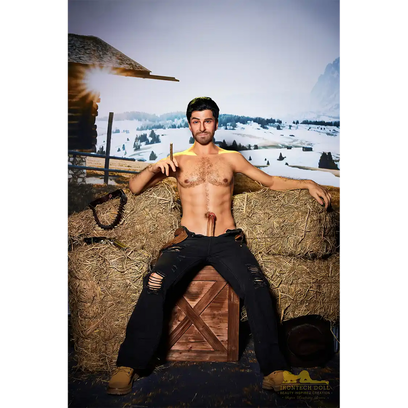 5ft 6in or 170cm silicone male sex doll with muscular arms, chest and abs with short brown hair and blue eyes in a cowboy outfit.