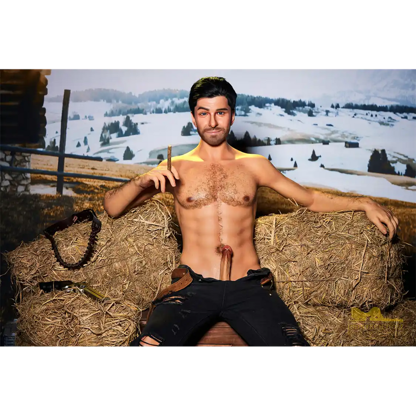 5ft 6in or 170cm silicone male sex doll with muscular arms, chest and abs with short brown hair and blue eyes in a cowboy outfit.