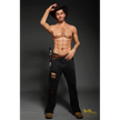 5ft 6in or 170cm silicone male sex doll with muscular arms, chest and abs with short brown hair and blue eyes in a cowboy outfit.