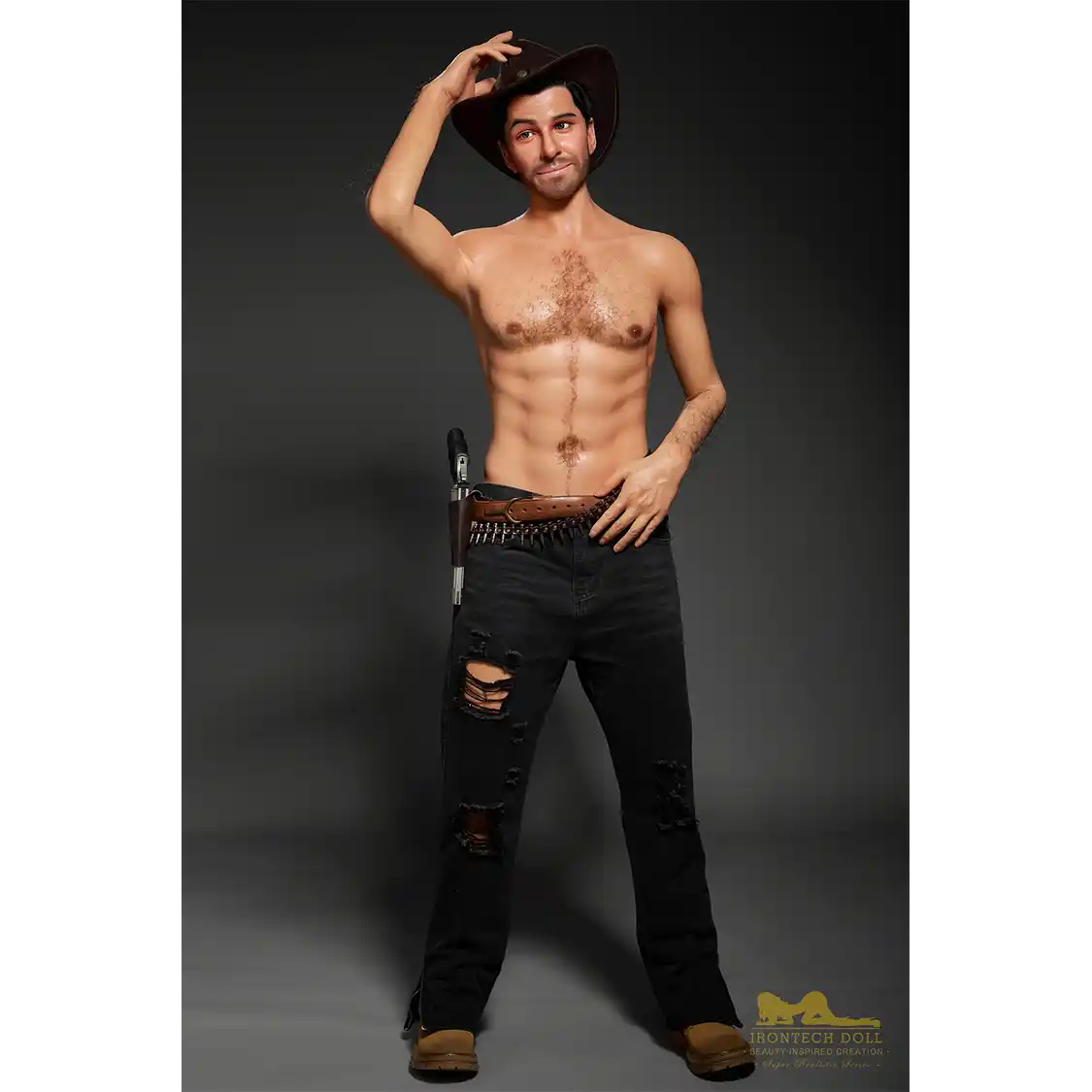 5ft 6in or 170cm silicone male sex doll with muscular arms, chest and abs with short brown hair and blue eyes in a cowboy outfit.