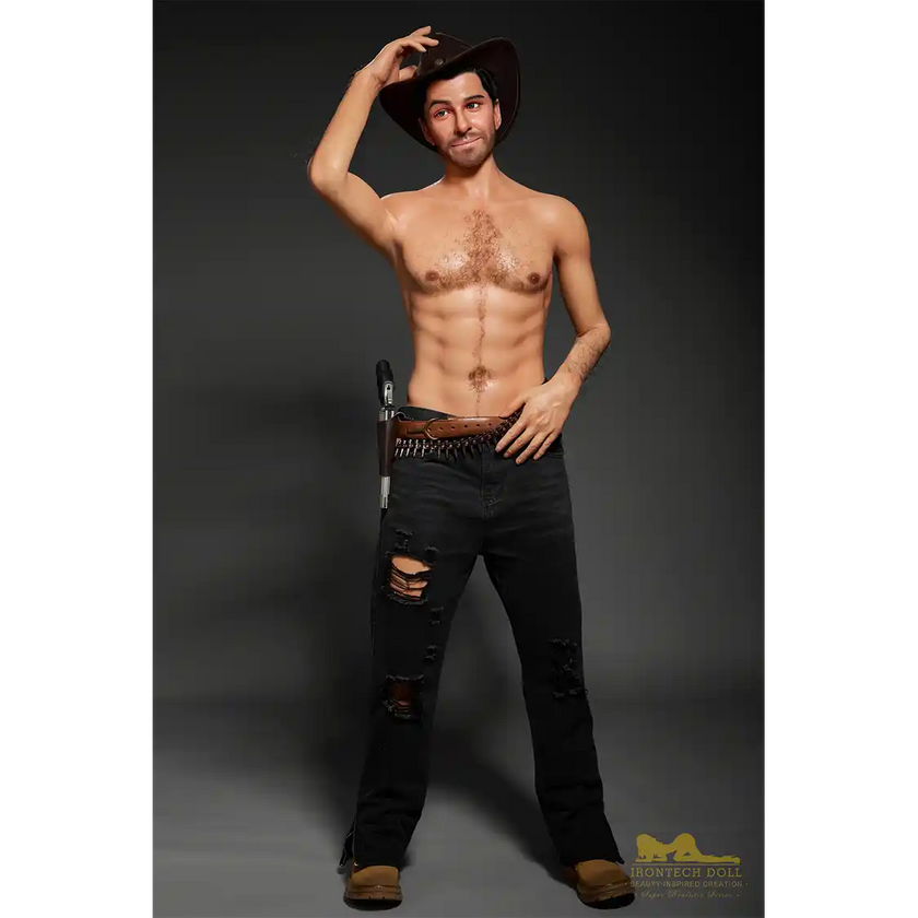 5ft 6in or 170cm silicone male sex doll with muscular arms, chest and abs with short brown hair and blue eyes in a cowboy outfit.