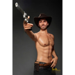 5ft 6in or 170cm silicone male sex doll with muscular arms, chest and abs with short brown hair and blue eyes in a cowboy outfit.