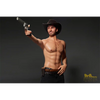 5ft 6in or 170cm silicone male sex doll with muscular arms, chest and abs with short brown hair and blue eyes in a cowboy outfit.