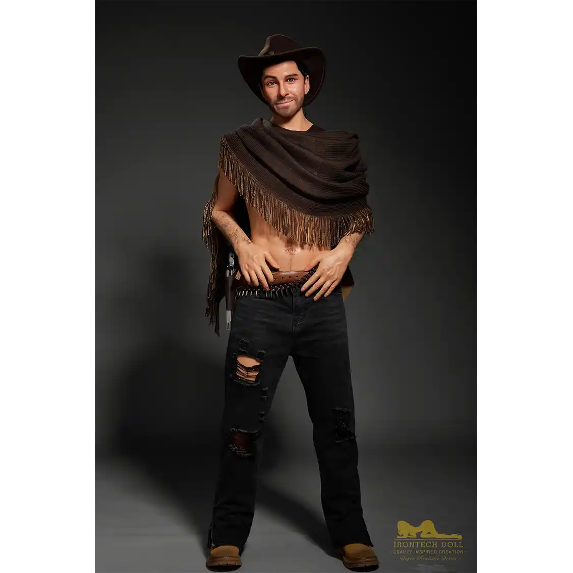 5ft 6in or 170cm silicone male sex doll with muscular arms, chest and abs with short brown hair and blue eyes in a cowboy outfit.