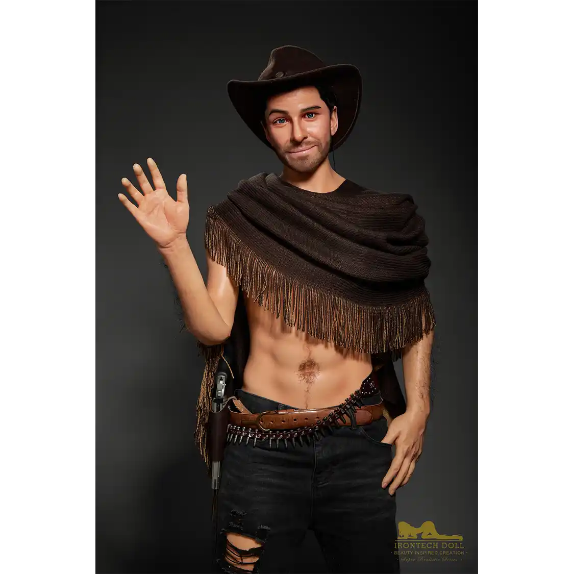 5ft 6in or 170cm silicone male sex doll with muscular arms, chest and abs with short brown hair and blue eyes in a cowboy outfit.