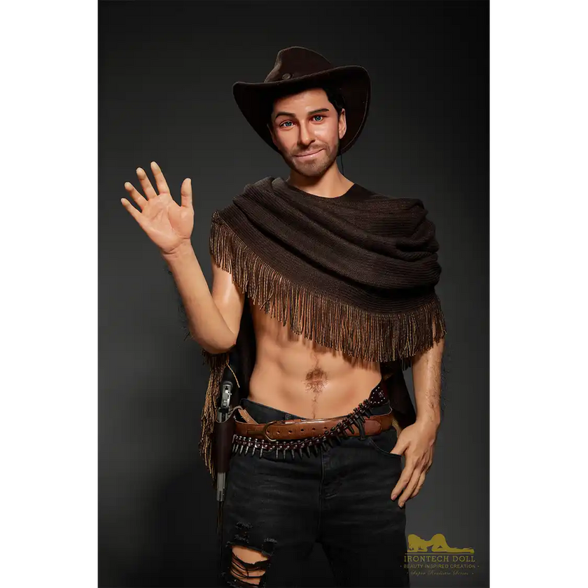 5ft 6in or 170cm silicone male sex doll with muscular arms, chest and abs with short brown hair and blue eyes in a cowboy outfit.