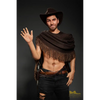 5ft 6in or 170cm silicone male sex doll with muscular arms, chest and abs with short brown hair and blue eyes in a cowboy outfit.