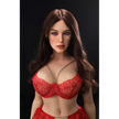 5ft 4in or 163cm tall life size MILF silicone sex doll with long legs and long brown hair in red lingerie.