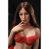 5ft 4in or 163cm tall life size MILF silicone sex doll with long legs and long brown hair in red lingerie.