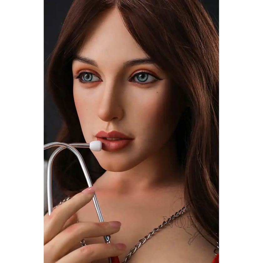 5ft 4in or 163cm tall life size MILF silicone sex doll with long legs and long brown hair in red lingerie.