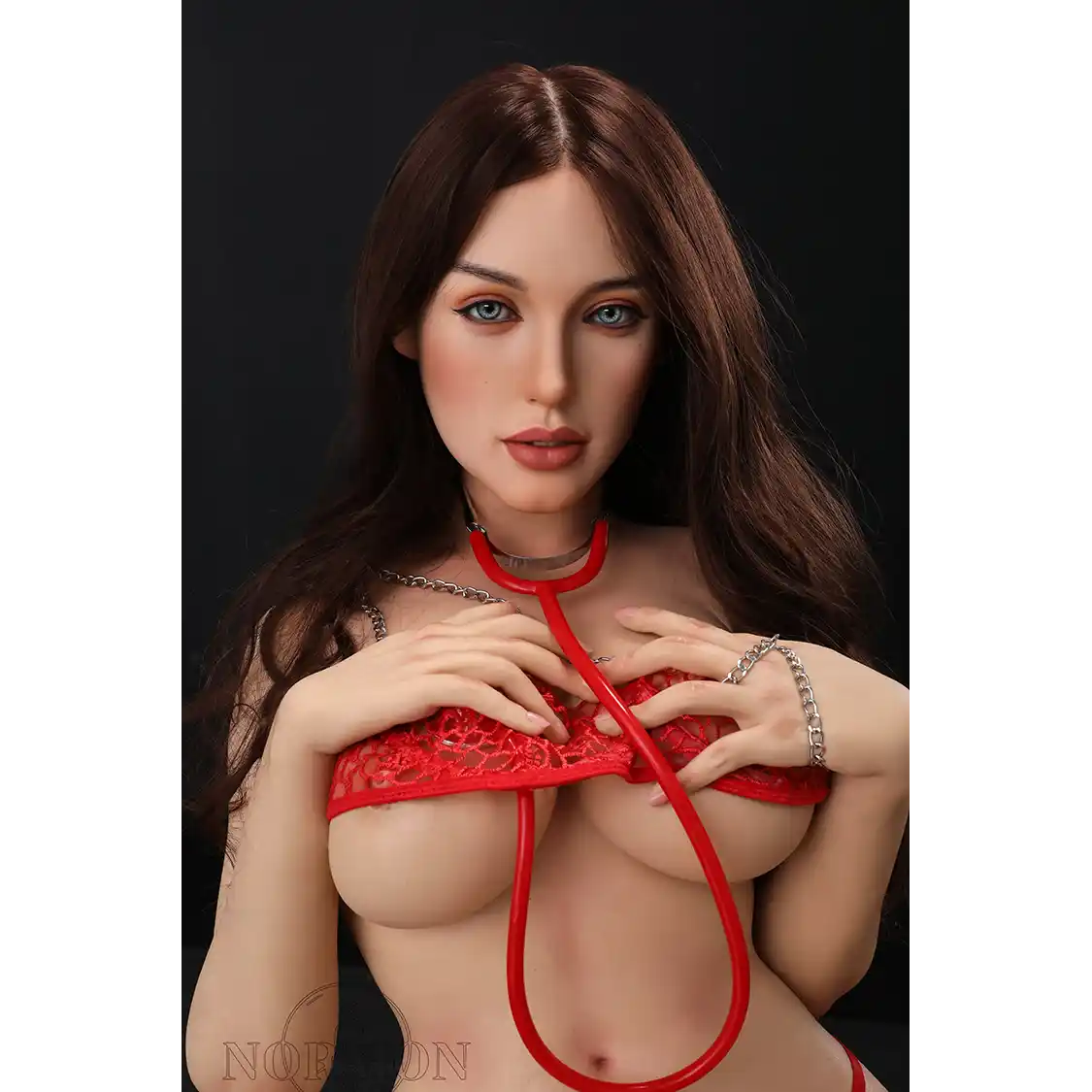 5ft 4in or 163cm tall life size MILF silicone sex doll with long legs and long brown hair in red lingerie.